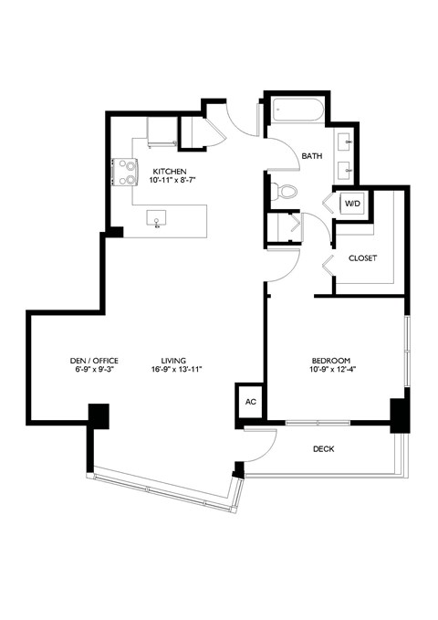 Floor plan for 1 bed, 1 bath, 967 sqft